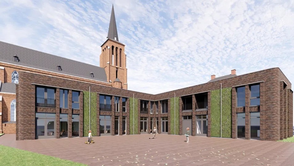 Impressie van de nieuwbouw met school naast de kerk in Eerde